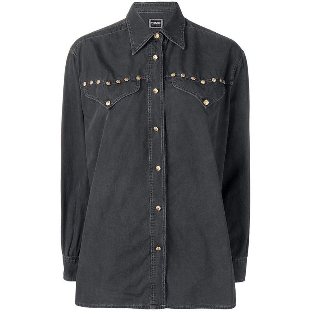 Versace Jeans Couture 90s Slate Grey Cotton Shirt with Gold Buttons & Stud Back